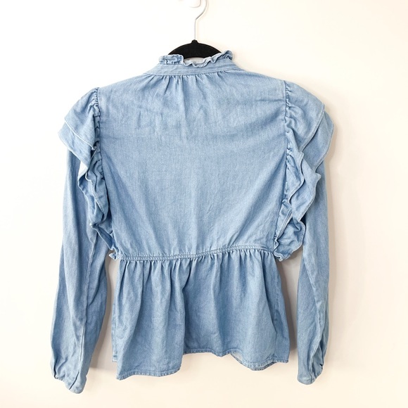Zara Light Blue Ruffles Denim Button Down Shirt Size XS - Picture 4 of 7